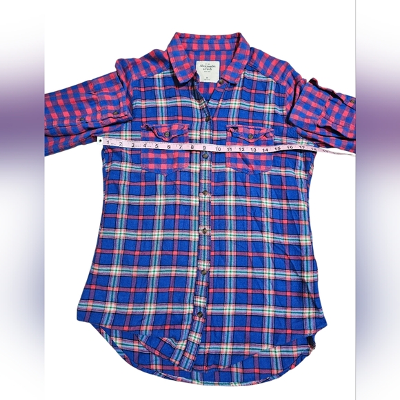 Abercrombie & Fitch Women's Plaid Flannel Shirt Medium Blue Red Y2K Moose Icon - Picture 5 of 6